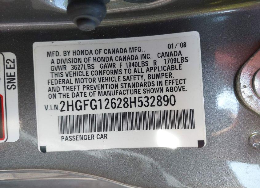 Photo 9 of 2008 Honda Civic LX (VIN 2HGFG12628H532890)
