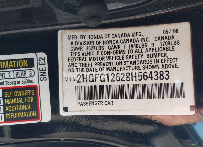 Photo 9 of 2008 Honda Civic LX (VIN 2HGFG12628H564383)