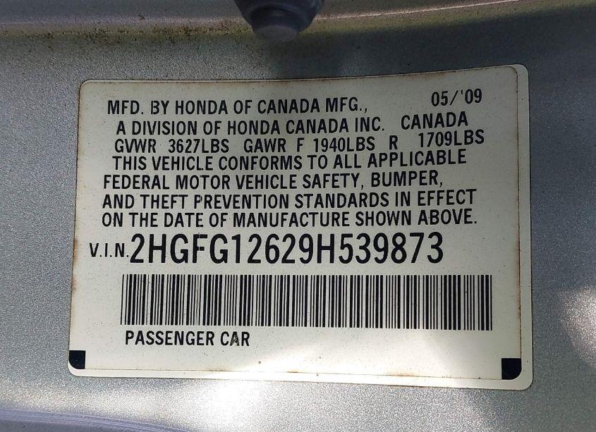 Photo 9 of 2009 Honda Civic LX (VIN 2HGFG12629H539873)