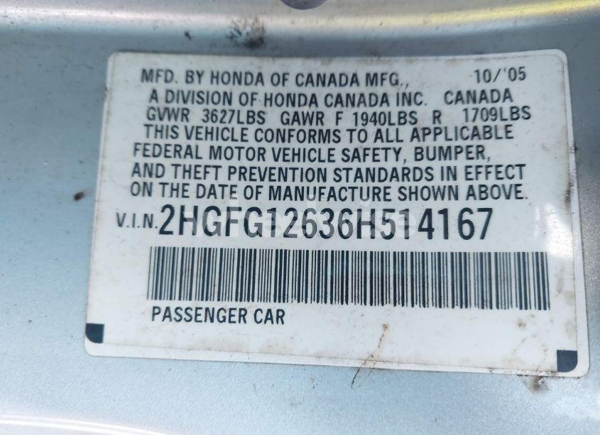 Photo 9 of 2006 Honda Civic LX (VIN 2HGFG12636H514167)