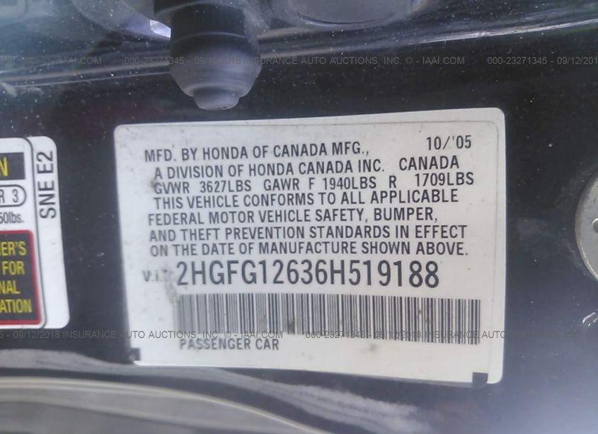 Photo 9 of 2006 Honda Civic LX (VIN 2HGFG12636H519188)