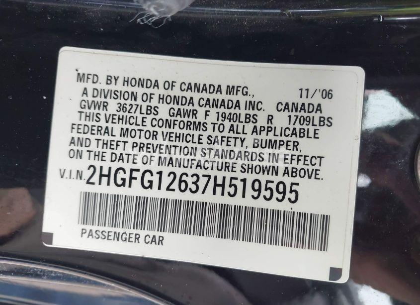 Photo 9 of 2007 Honda Civic LX (VIN 2HGFG12637H519595)