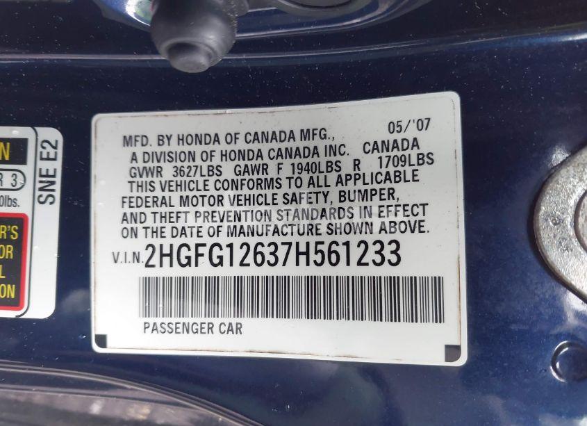 Photo 9 of 2007 Honda Civic LX (VIN 2HGFG12637H561233)