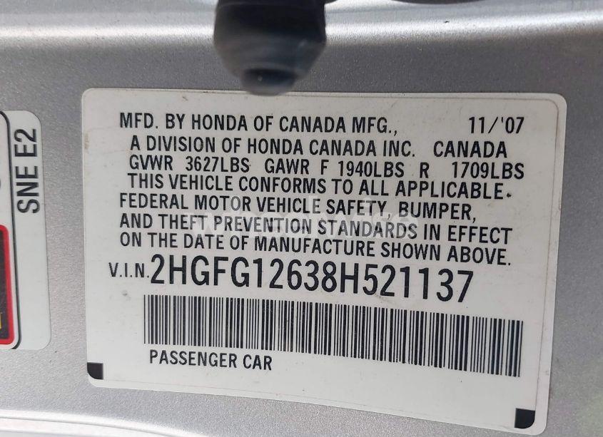 Photo 9 of 2008 Honda Civic LX (VIN 2HGFG12638H521137)