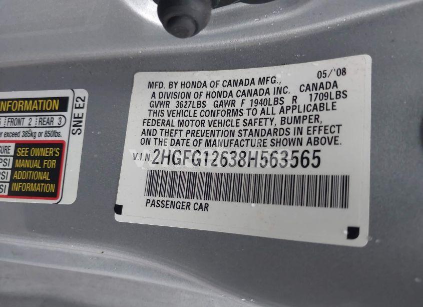 Photo 8 of 2008 Honda Civic LX (VIN 2HGFG12638H563565)