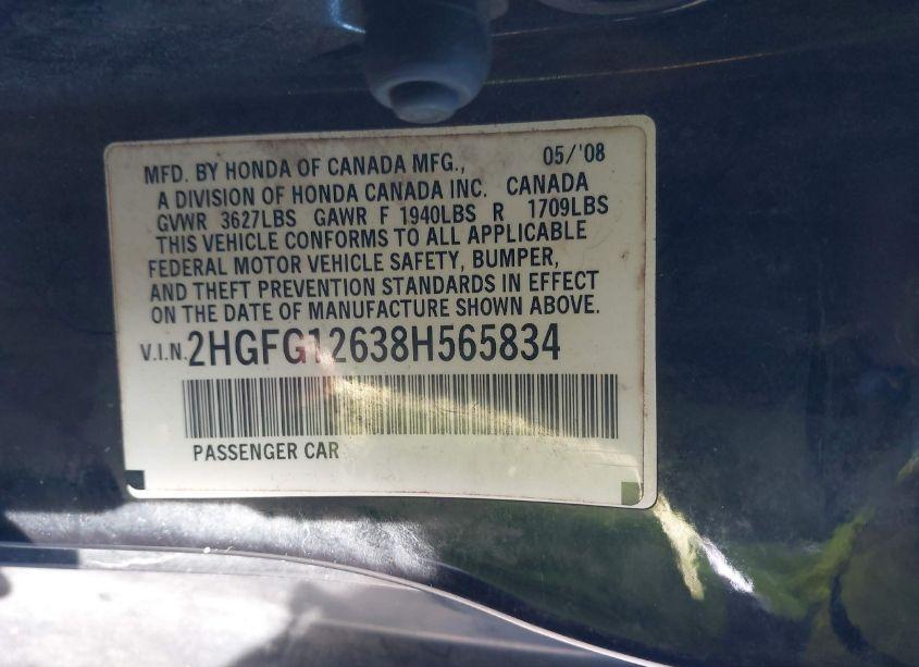 Photo 9 of 2008 Honda Civic LX (VIN 2HGFG12638H565834)