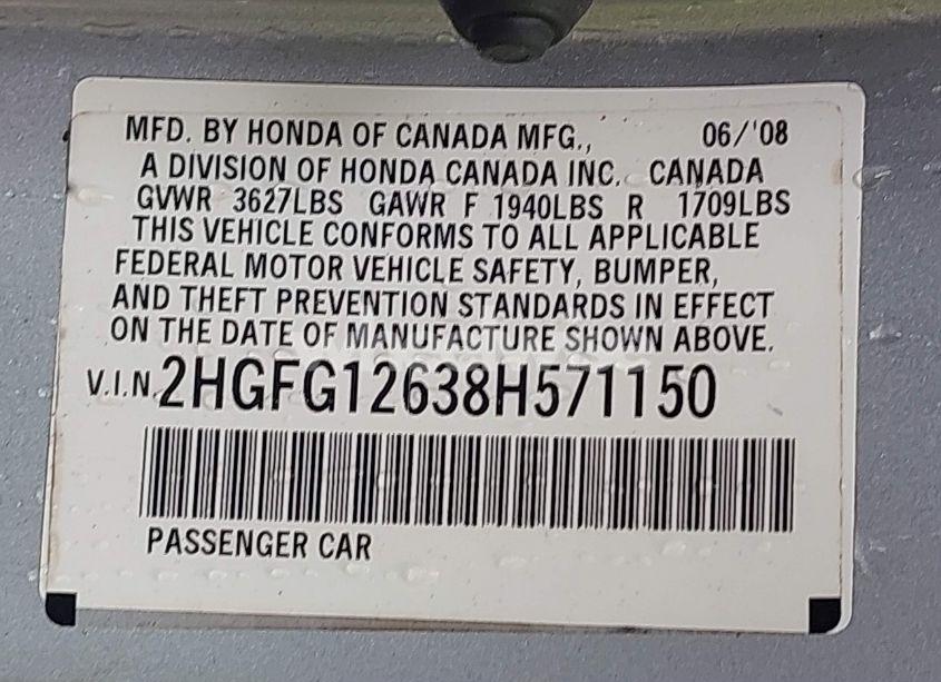 Photo 9 of 2008 Honda Civic LX (VIN 2HGFG12638H571150)