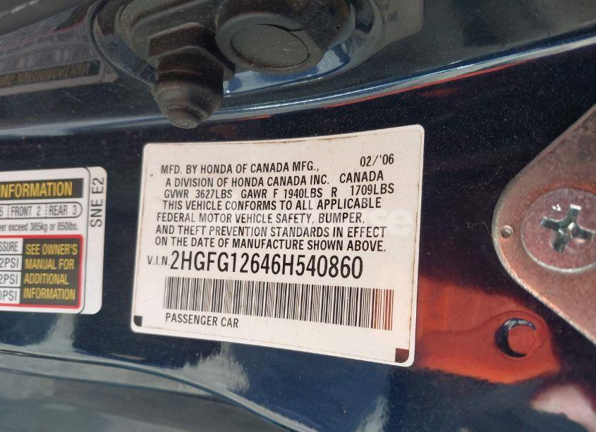 Photo 9 of 2006 Honda Civic LX (VIN 2HGFG12646H540860)