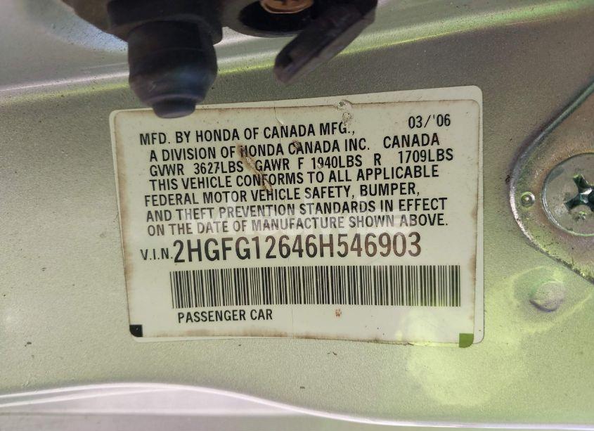 Photo 9 of 2006 Honda Civic LX (VIN 2HGFG12646H546903)