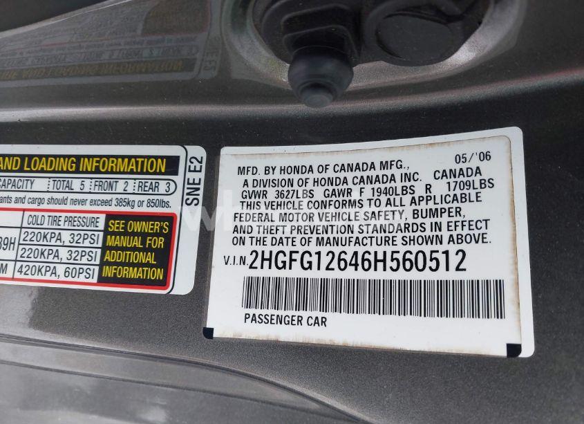 Photo 9 of 2006 Honda Civic LX (VIN 2HGFG12646H560512)