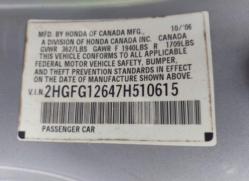 Photo 9 of 2007 Honda Civic LX (VIN 2HGFG12647H510615)