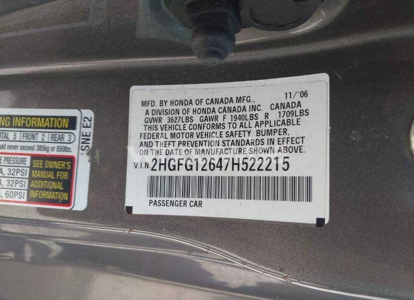 Photo 9 of 2007 Honda Civic LX (VIN 2HGFG12647H522215)