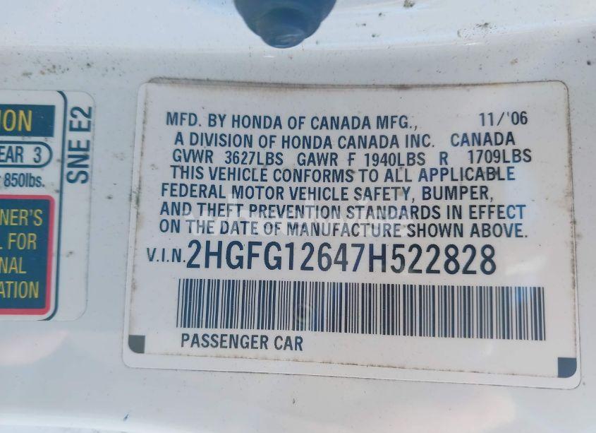 Photo 9 of 2007 Honda Civic LX (VIN 2HGFG12647H522828)