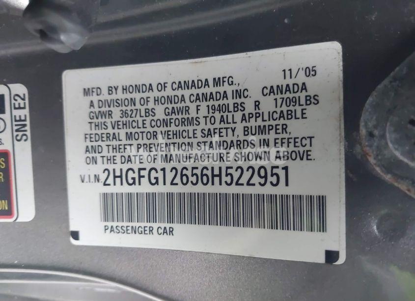 Photo 9 of 2006 Honda Civic LX (VIN 2HGFG12656H522951)