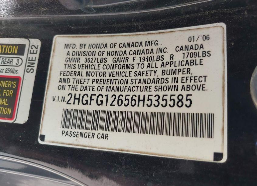 Photo 9 of 2006 Honda Civic LX (VIN 2HGFG12656H535585)