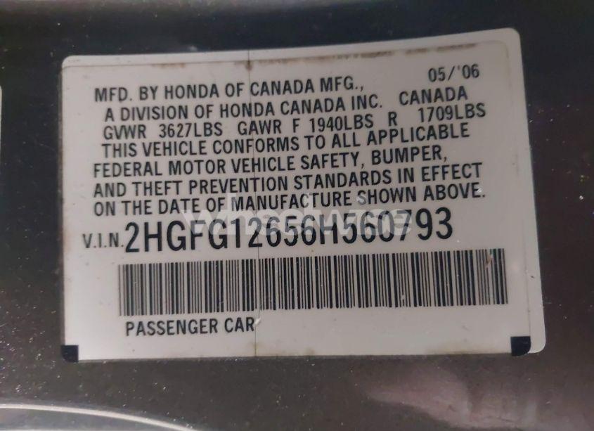 Photo 9 of 2006 Honda Civic LX (VIN 2HGFG12656H560793)