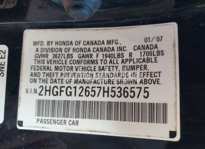 Photo 9 of 2007 Honda Civic LX (VIN 2HGFG12657H536575)