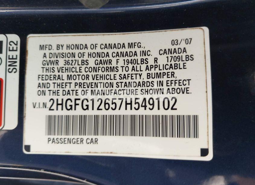 Photo 9 of 2007 Honda Civic LX (VIN 2HGFG12657H549102)