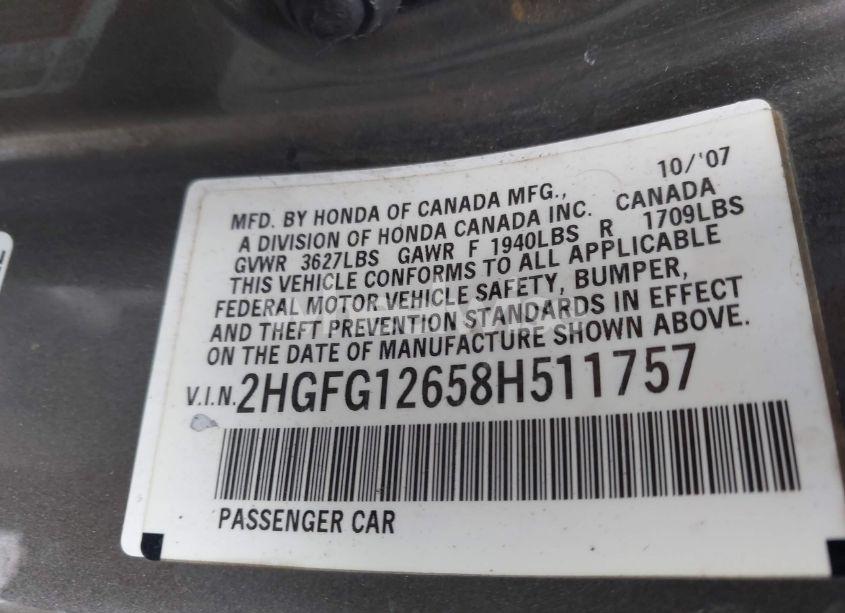Photo 9 of 2008 Honda Civic LX (VIN 2HGFG12658H511757)