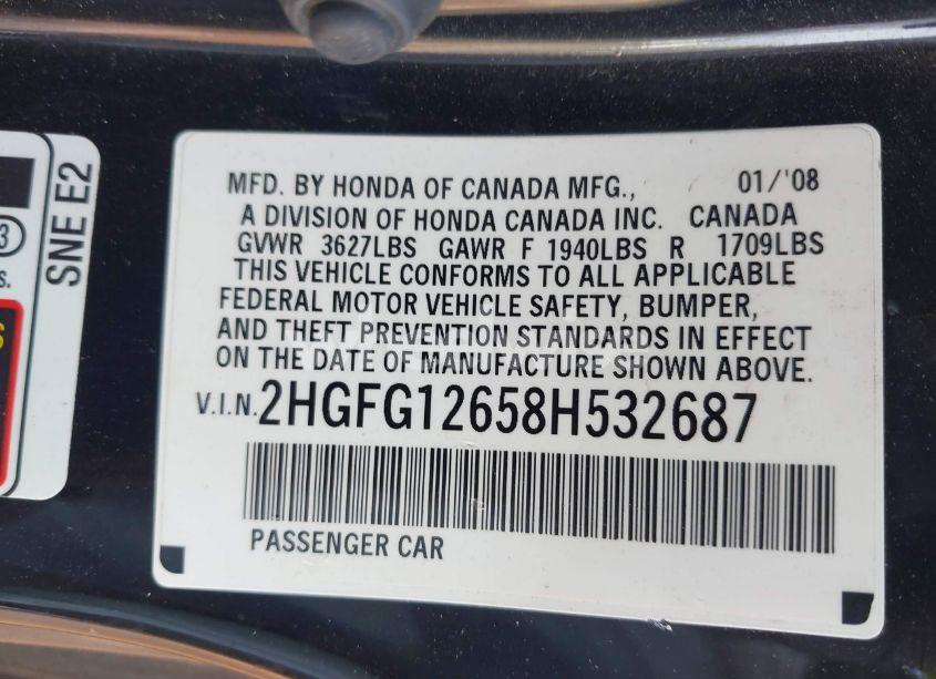 Photo 9 of 2008 Honda Civic LX (VIN 2HGFG12658H532687)