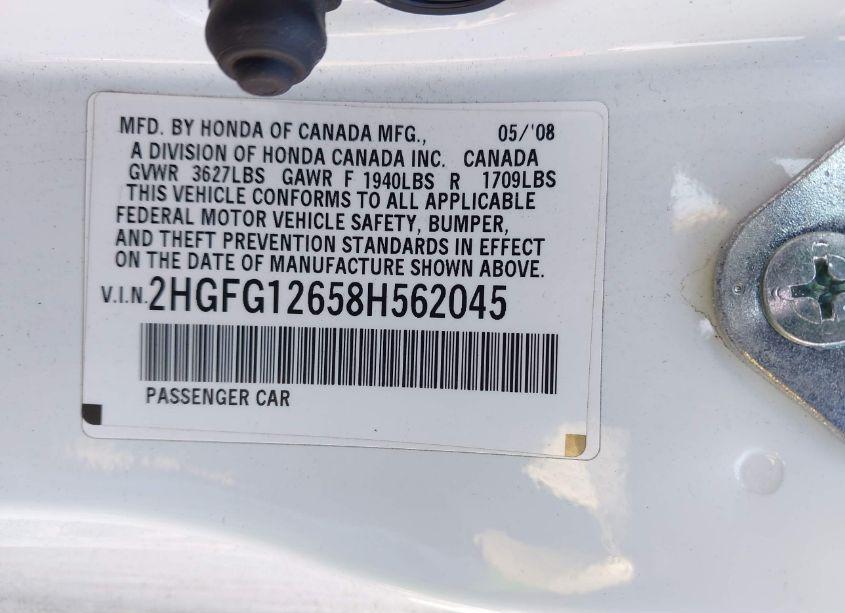 Photo 8 of 2008 Honda Civic CPE (VIN 2HGFG12658H562045)