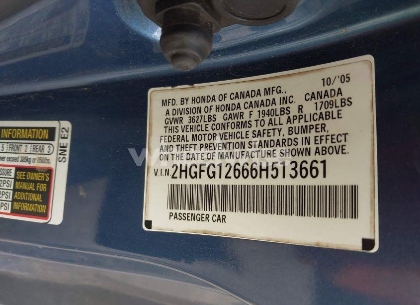 Photo 9 of 2006 Honda Civic LX (VIN 2HGFG12666H513661)