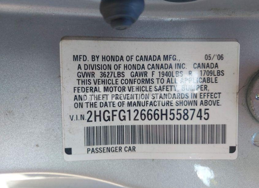 Photo 9 of 2006 Honda Civic LX (VIN 2HGFG12666H558745)