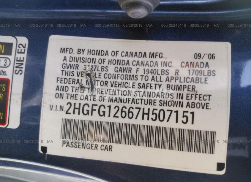 Photo 9 of 2007 Honda Civic LX (VIN 2HGFG12667H507151)