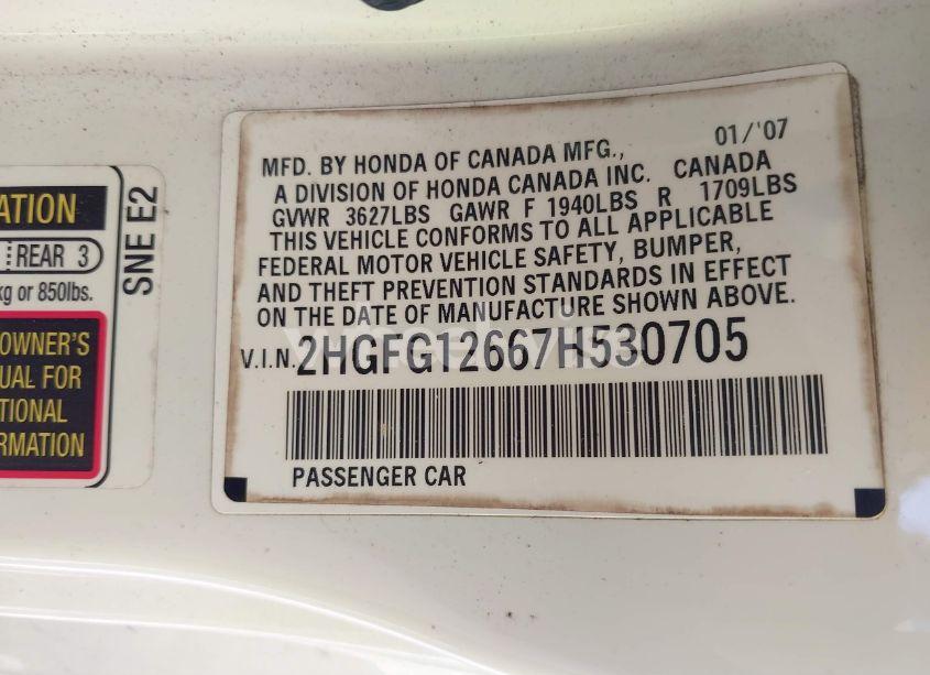 Photo 9 of 2007 Honda Civic LX (VIN 2HGFG12667H530705)