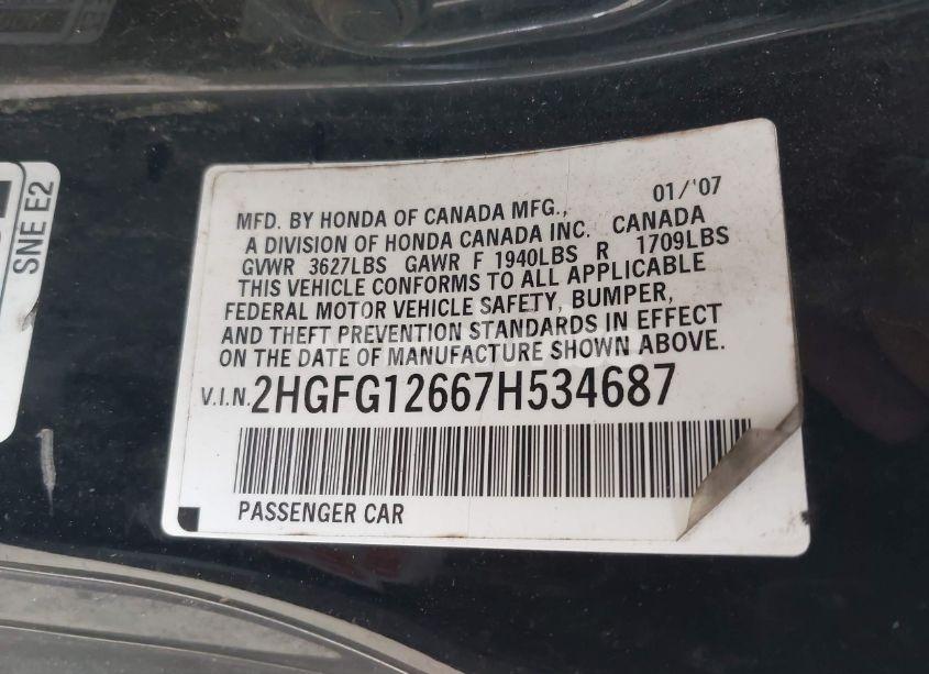 Photo 9 of 2007 Honda Civic LX (VIN 2HGFG12667H534687)