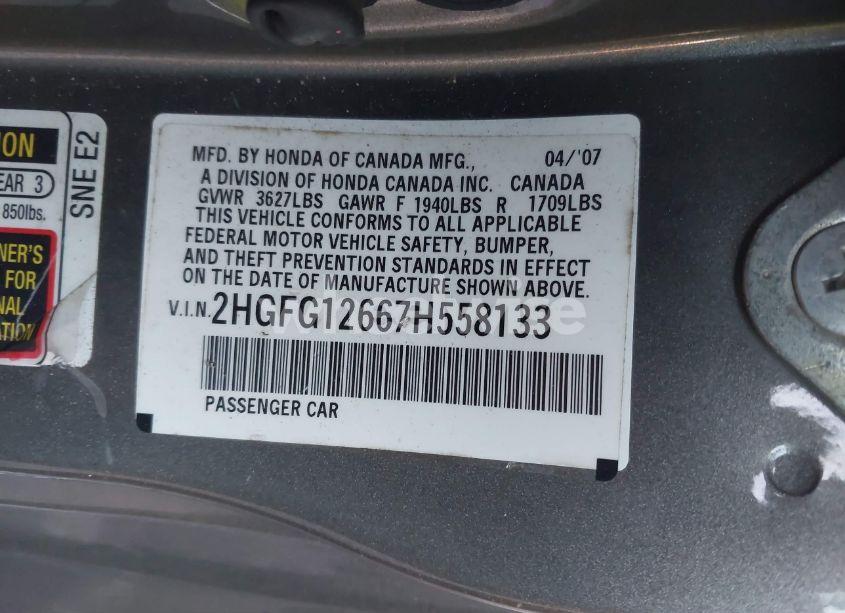 Photo 9 of 2007 Honda Civic LX (VIN 2HGFG12667H558133)