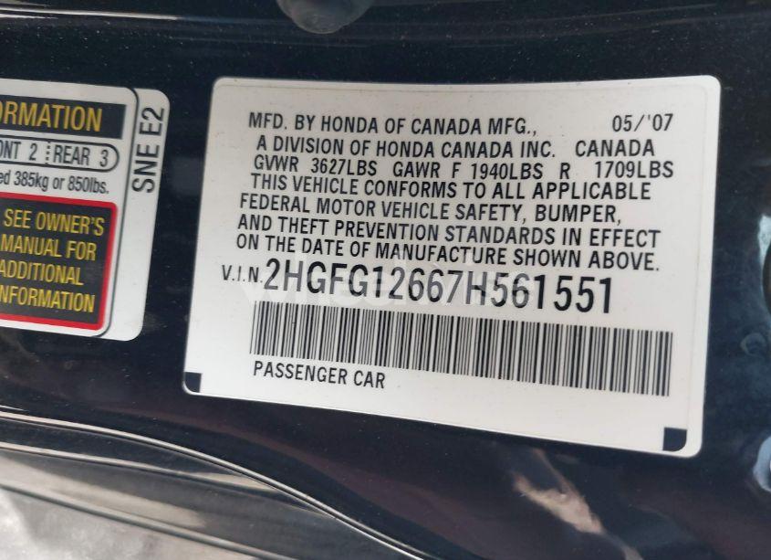Photo 9 of 2007 Honda Civic LX (VIN 2HGFG12667H561551)