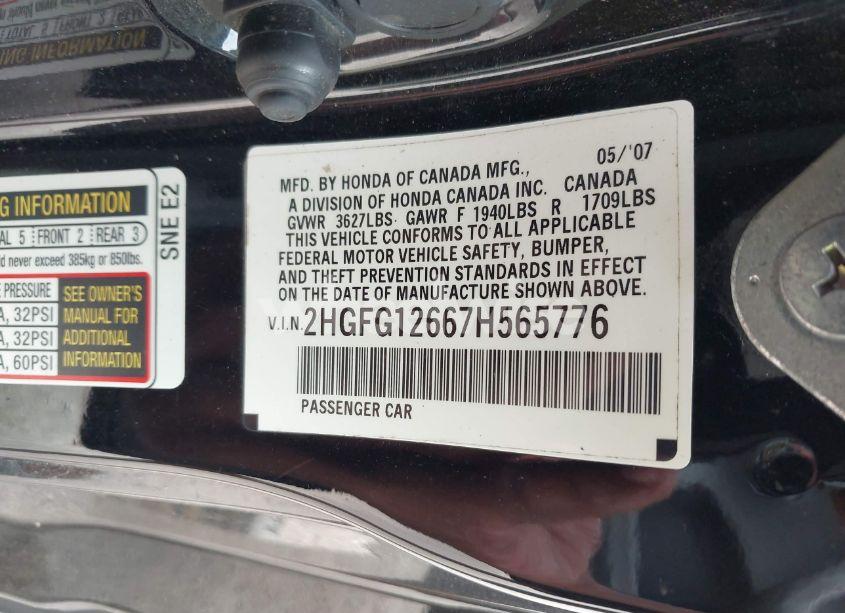 Photo 9 of 2007 Honda Civic LX (VIN 2HGFG12667H565776)