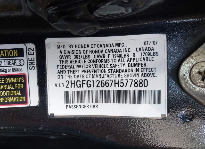 Photo 9 of 2007 Honda Civic LX (VIN 2HGFG12667H577880)