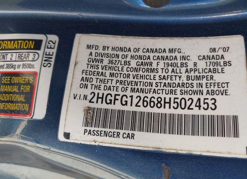 Photo 9 of 2008 Honda Civic LX (VIN 2HGFG12668H502453)