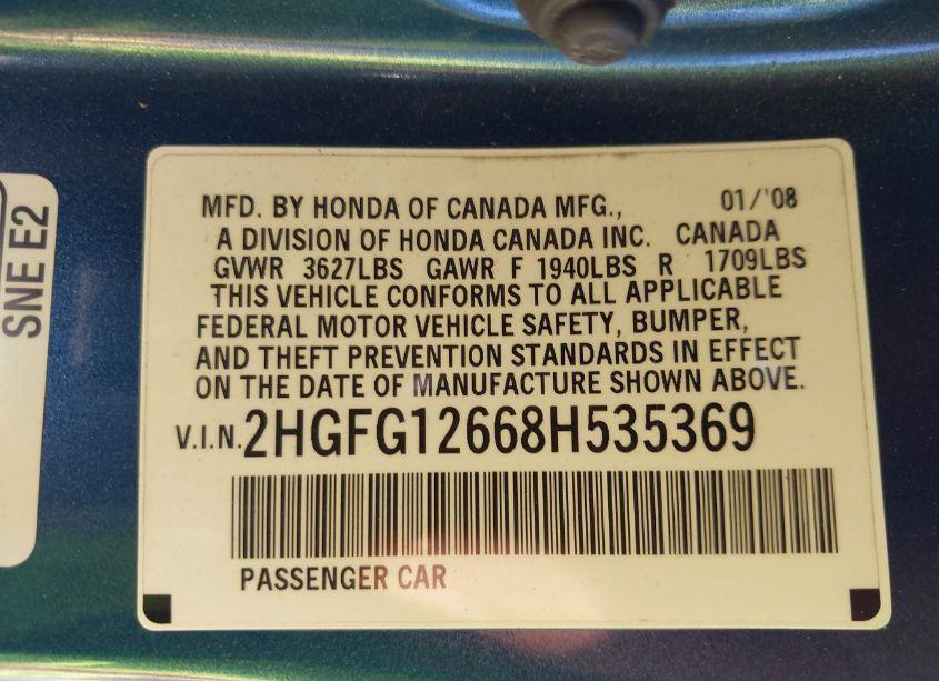 Photo 9 of 2008 Honda Civic LX (VIN 2HGFG12668H535369)
