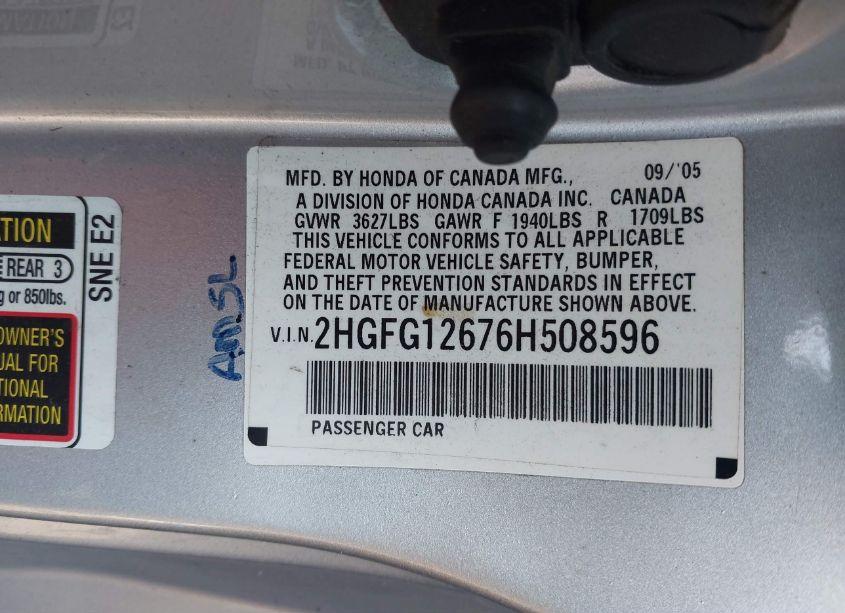 Photo 9 of 2006 Honda Civic LX (VIN 2HGFG12676H508596)