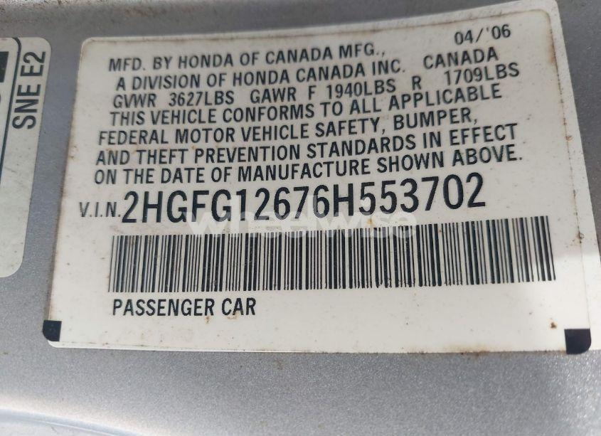Photo 9 of 2006 Honda Civic LX (VIN 2HGFG12676H553702)