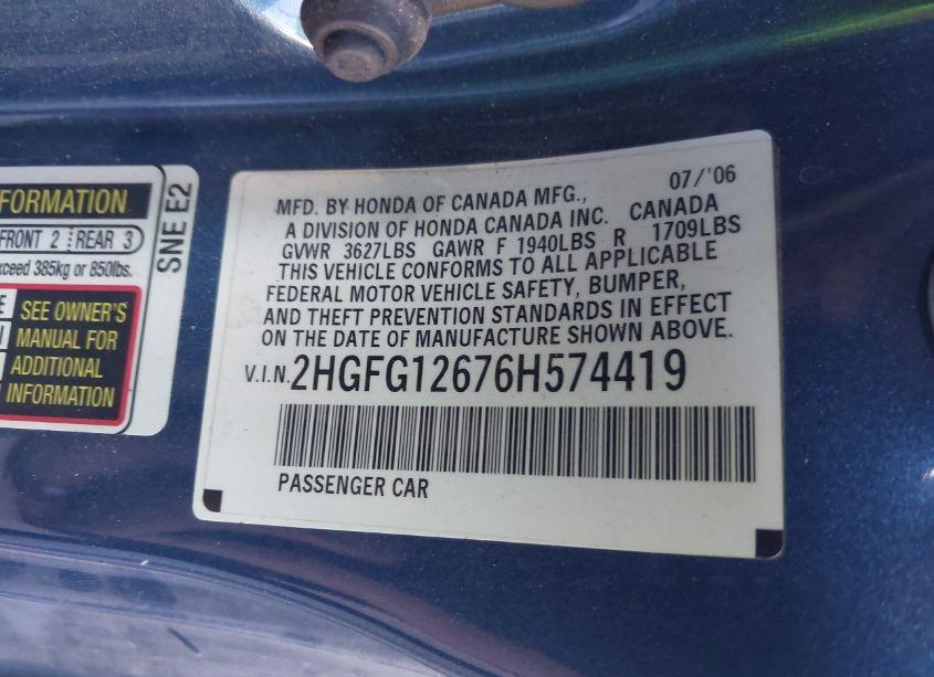 Photo 9 of 2006 Honda Civic LX (VIN 2HGFG12676H574419)
