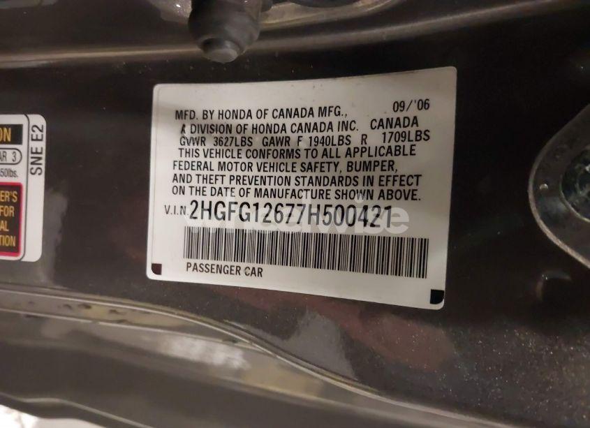 Photo 9 of 2007 Honda Civic LX (VIN 2HGFG12677H500421)