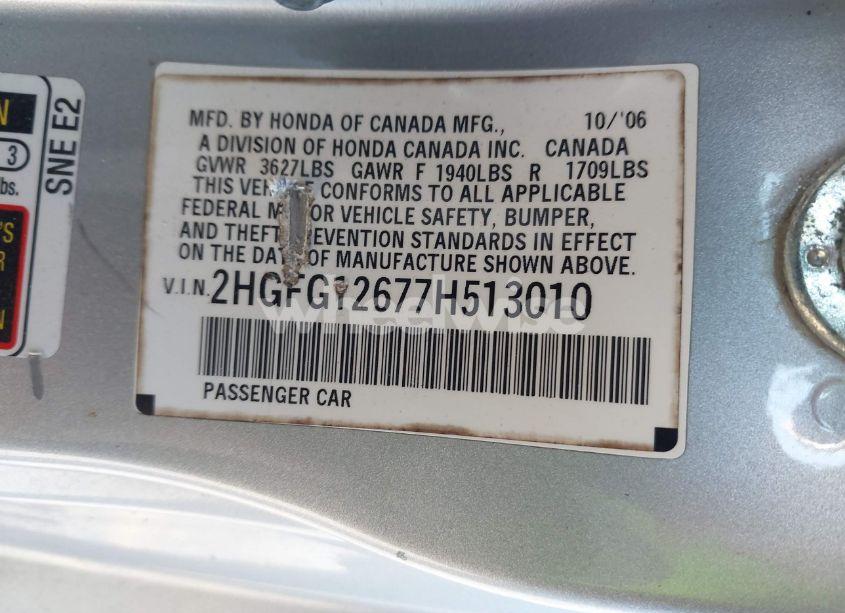 Photo 9 of 2007 Honda Civic LX (VIN 2HGFG12677H513010)
