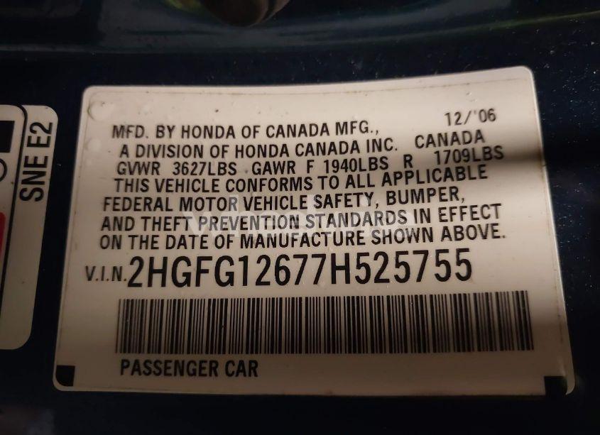 Photo 9 of 2007 Honda Civic LX (VIN 2HGFG12677H525755)