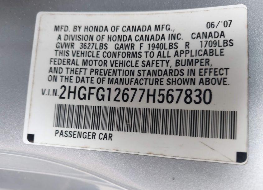 Photo 9 of 2007 Honda Civic LX (VIN 2HGFG12677H567830)