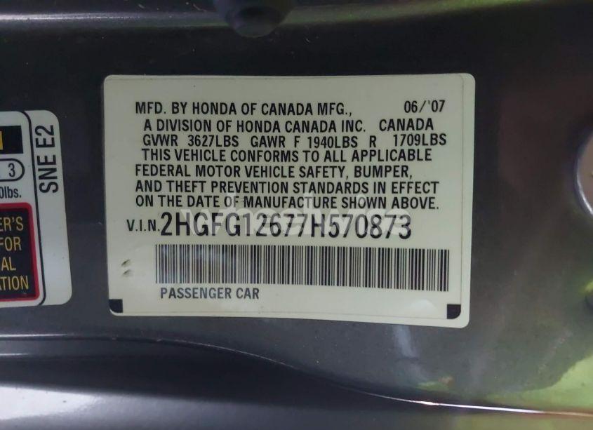 Photo 9 of 2007 Honda Civic LX (VIN 2HGFG12677H570873)