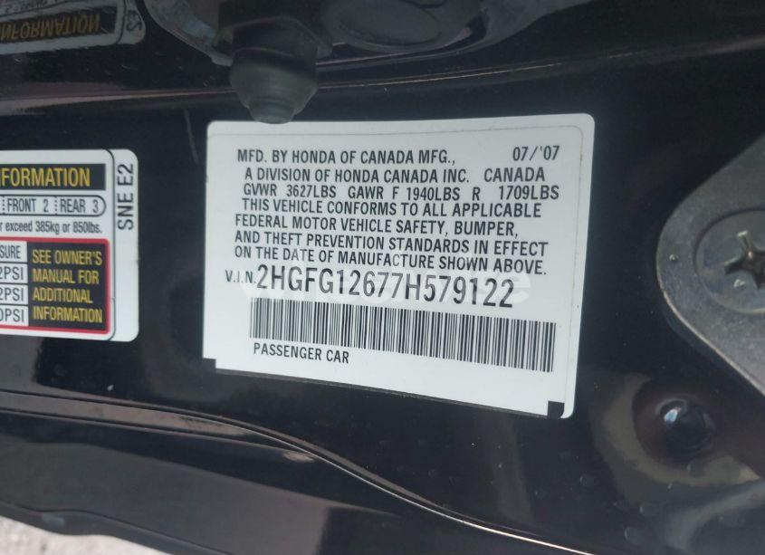 Photo 9 of 2007 Honda Civic LX (VIN 2HGFG12677H579122)
