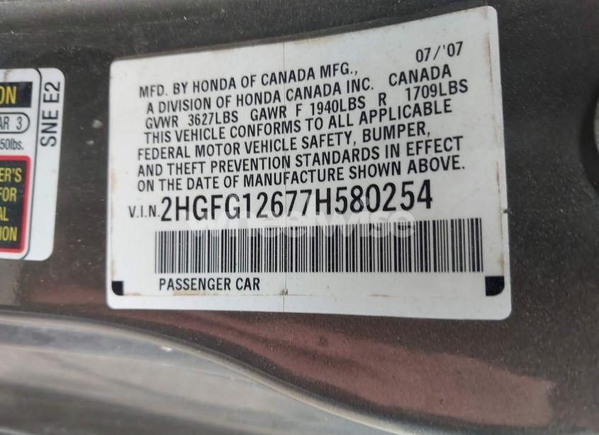 Photo 9 of 2007 Honda Civic LX (VIN 2HGFG12677H580254)