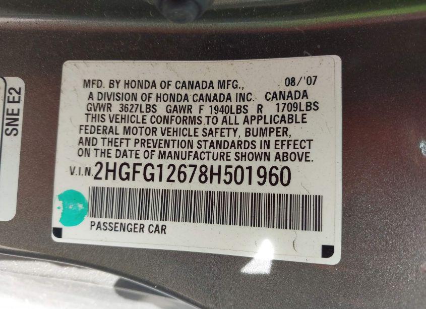 Photo 9 of 2008 Honda Civic LX (VIN 2HGFG12678H501960)