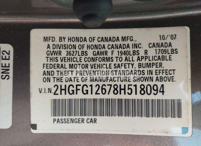Photo 9 of 2008 Honda Civic LX (VIN 2HGFG12678H518094)
