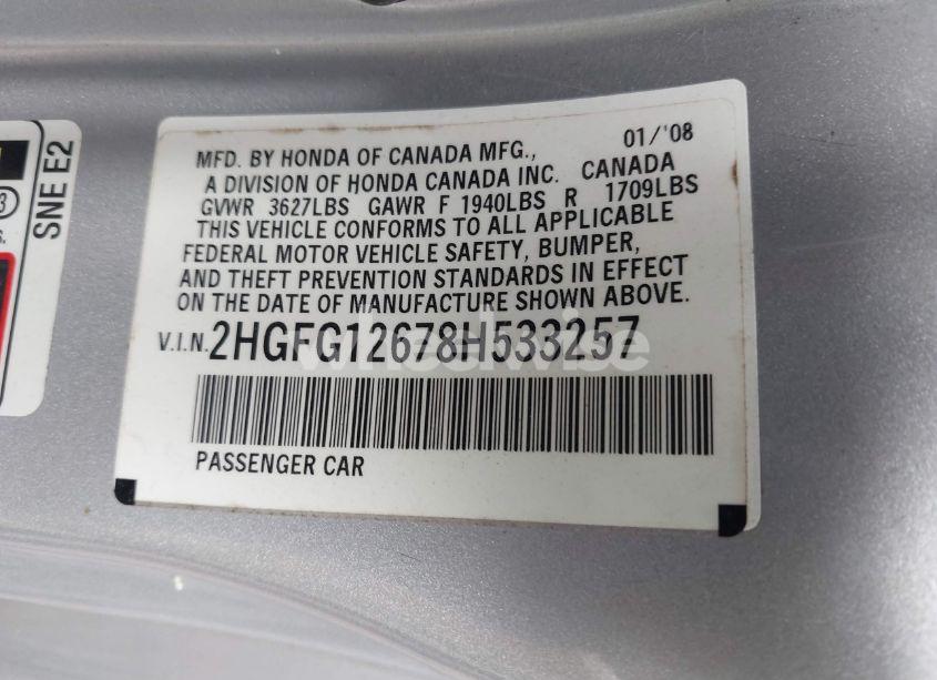 Photo 9 of 2008 Honda Civic LX (VIN 2HGFG12678H533257)