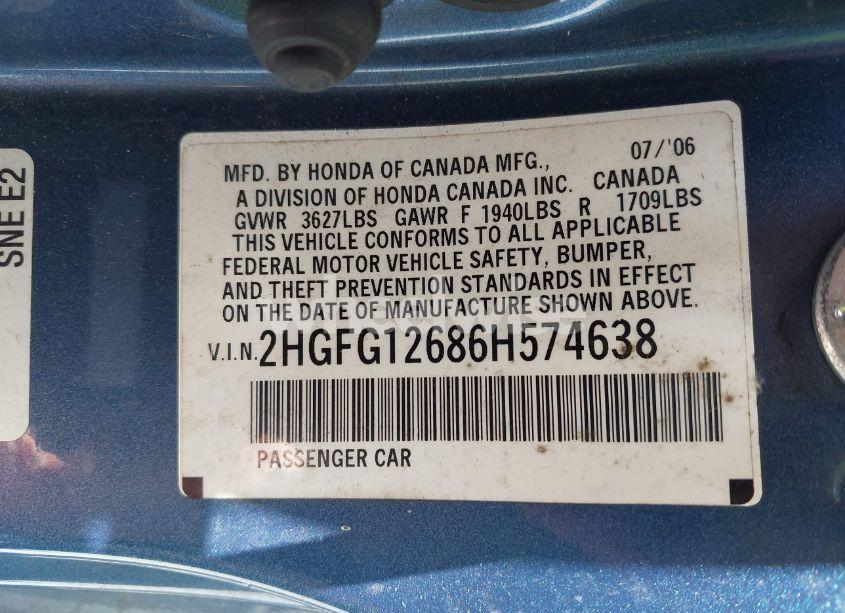 Photo 9 of 2006 Honda Civic LX (VIN 2HGFG12686H574638)